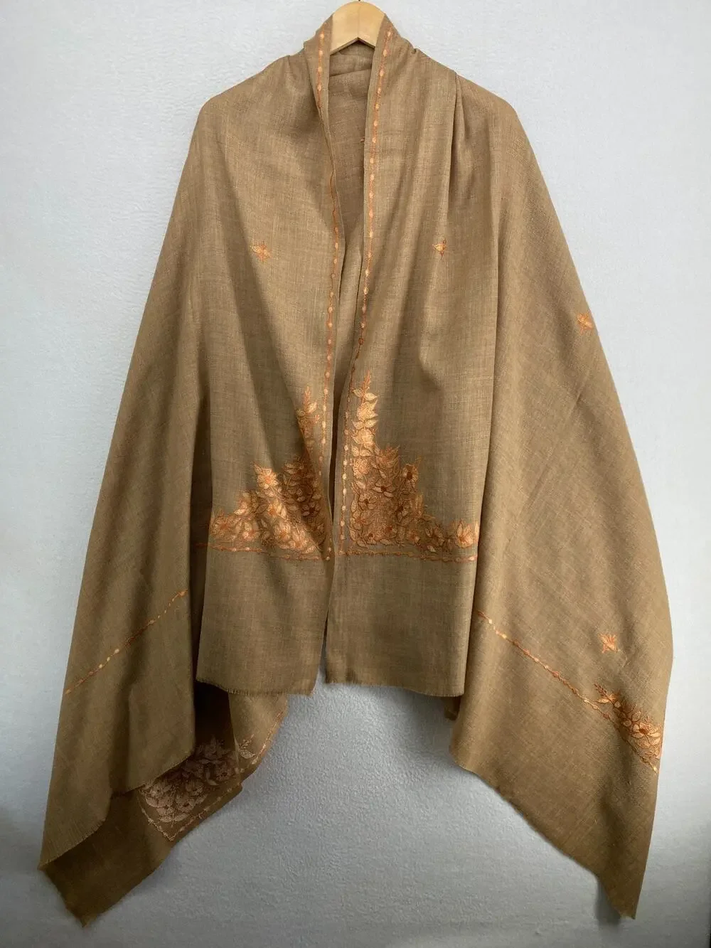 Wool Scarf Shawl Kashmiri Wrap Embroidered Floral Oversized Fringe Camel Brown
